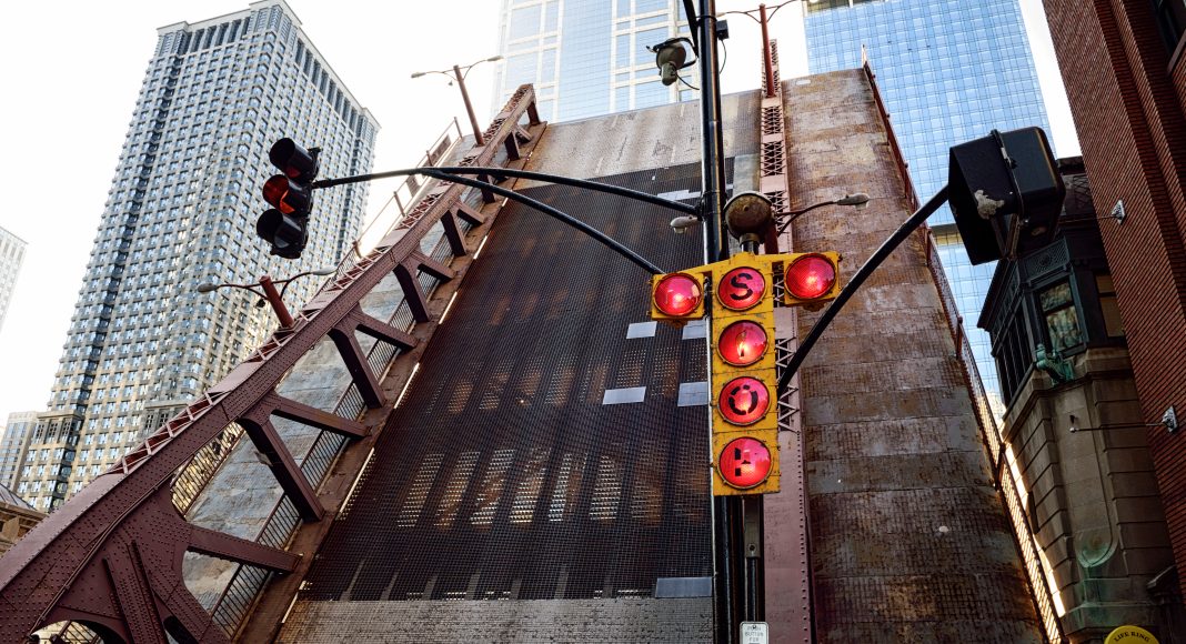 Clark Street Bridge over the Chicago River in raised position, downtown Chicago.