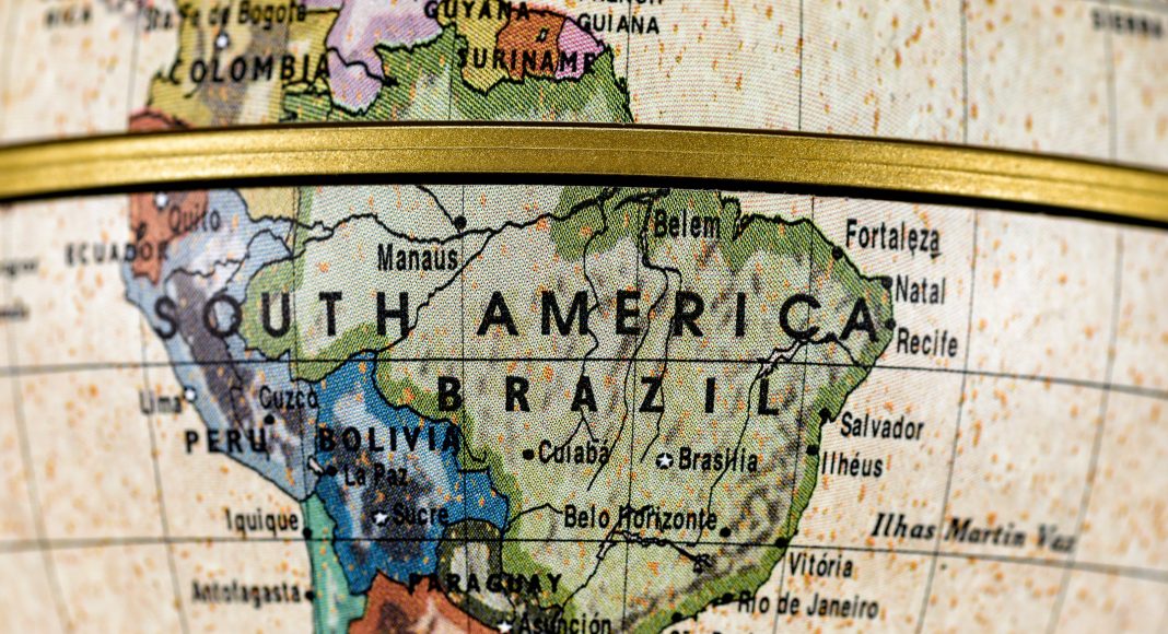 Close-up of Brazil in the colorful world map.