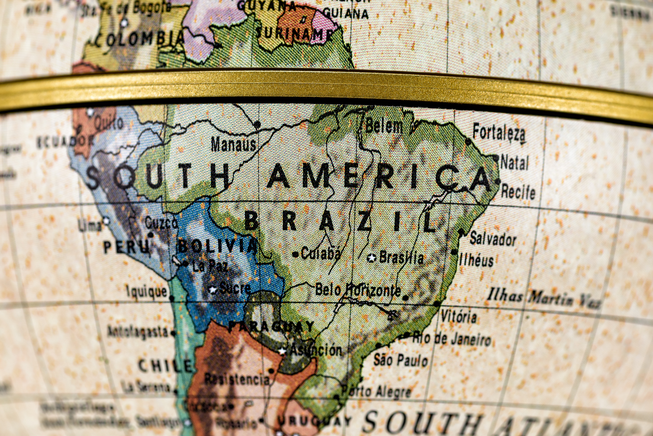Close-up of Brazil in the colorful world map.
