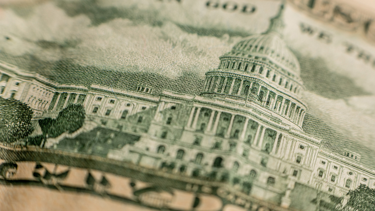 US Currency, Close up of American 50 Dollar Bill, showing Capitol Hill