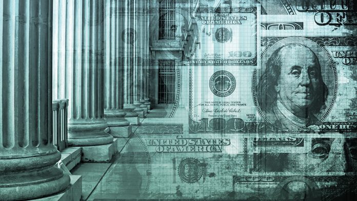banking system-blue images of money overlayed on image of federal building entrance with big columns