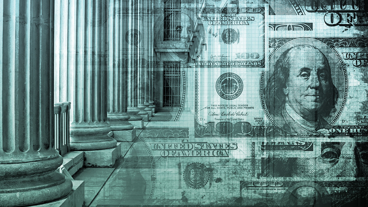 banking system-blue images of money overlayed on image of federal building entrance with big columns