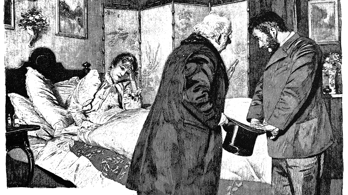 Black and white illustration of a woman in a bed. Two men are standing, talking with each other, both holding sides of the same top hat. One is a doctor
