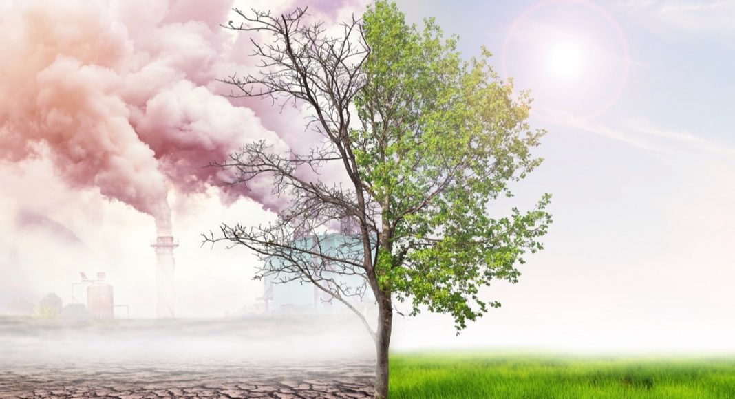 comparing green earth and effect of air pollution from human action, glbal warming concept, green tree and green earth with light and arid land with air pollusion at background