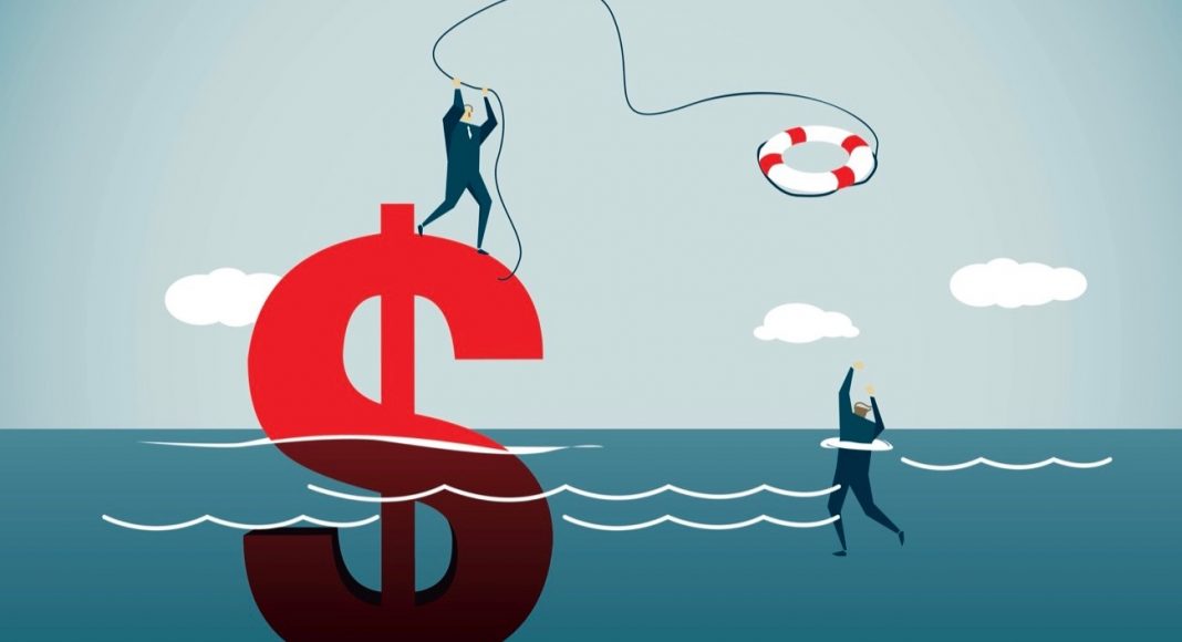 A businessman on a floating dollar sign rescuing a drowning man