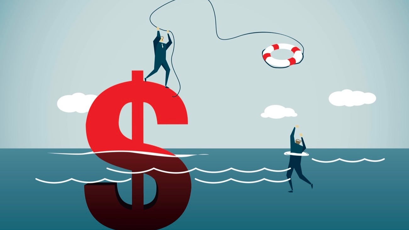 A businessman on a floating dollar sign rescuing a drowning man