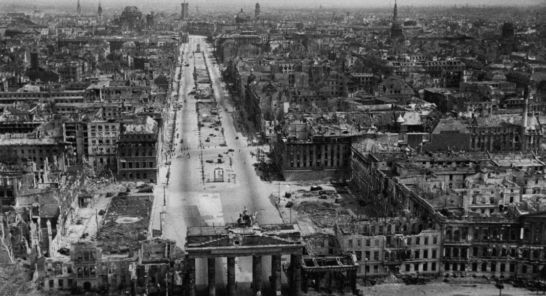 An aerial view of bombed and destroyed Berlin in 1945
