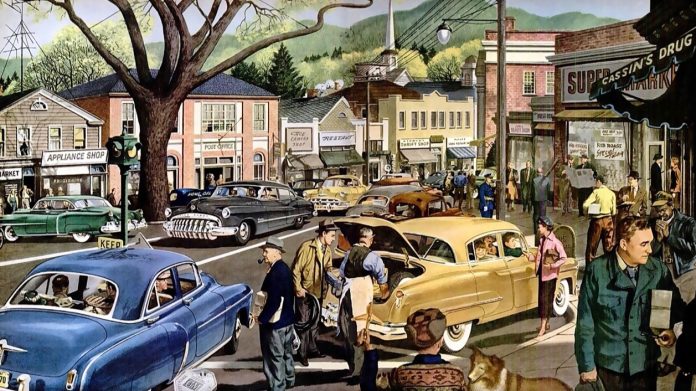 illustration of 1950s main street USA, people fixing cars and hailing taxis