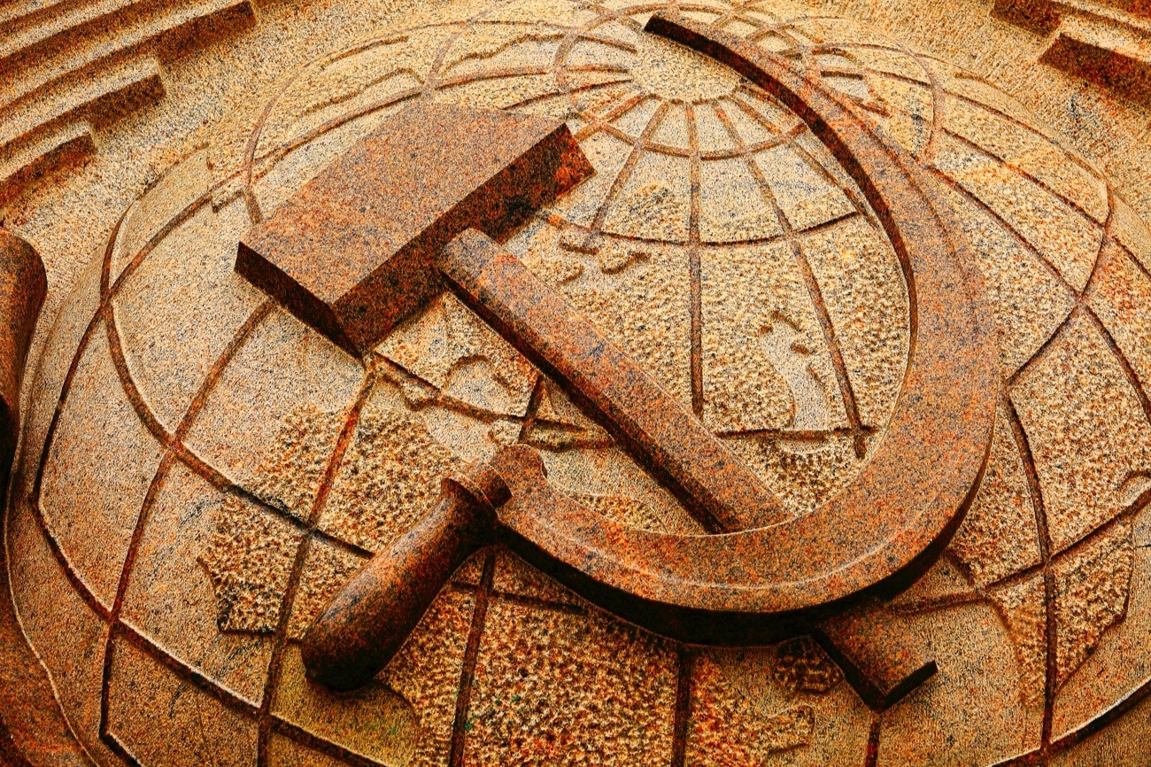 Russian communist Hammer and Sickle marble, Soviet Union symbol over world map