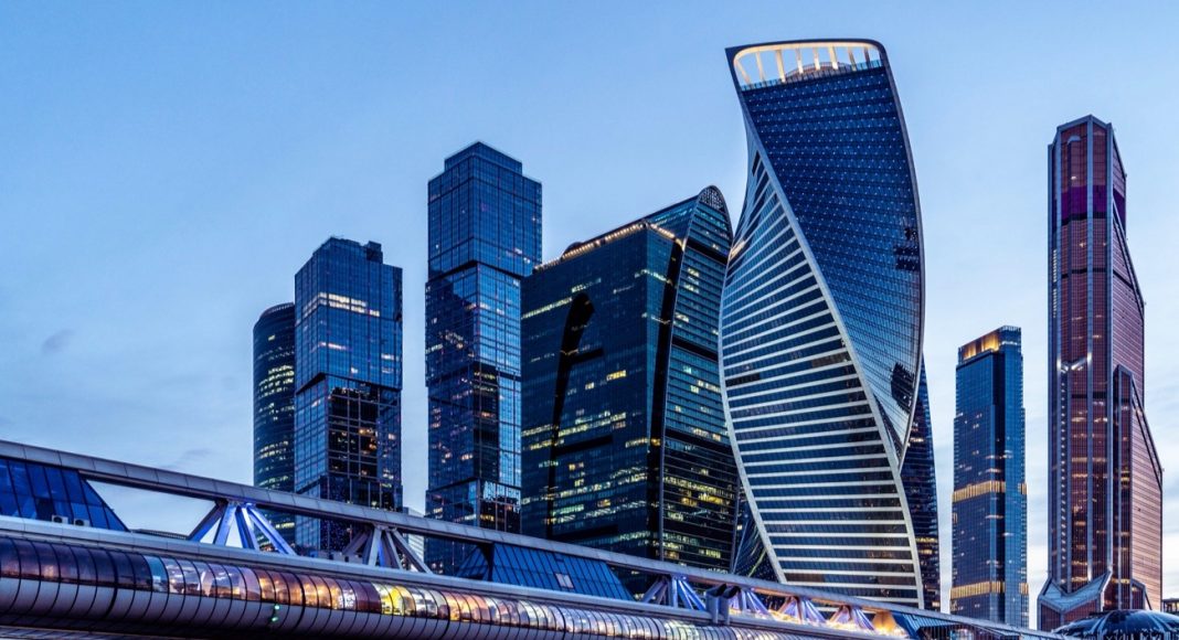 Moscow skyscrapers panorama in the evening